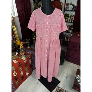 FADS Red Gingham Button Front Midi Dress Short Sleeve Cottagecore Prairie